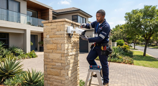 A Black South African installation technician in dark blue Brandstech company overalls precisely mounting an outdoor high-definition white bullet CCTV security camera onto the sand-colored stone pillar of a luxurious modern two-story suburban residence in Johannesburg Gauteng under clear daylight.