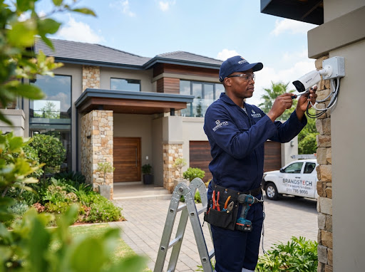 Skilled Brandstech technician installing high-resolution CCTV camera on modern Gauteng residential property