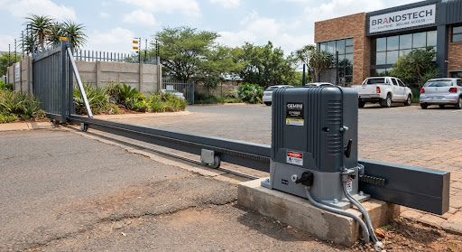 A Gemini industrial electric gate automation unit with rugged weather-sealed housing installed along an engineered steel security slider rail on a commercial property driveway in Pretoria Gauteng.